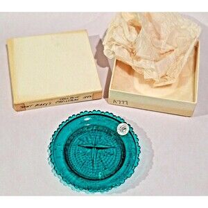 Vintage 1983 Pairpoint Glass Cup Plate St Mary's Christmas Teal Blue Star Boxed